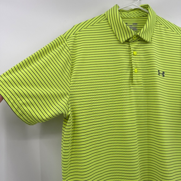 Under Armour Polo Shirt Men Large Yellow Neon Stripes Golf Stretch Performance - Picture 2 of 12